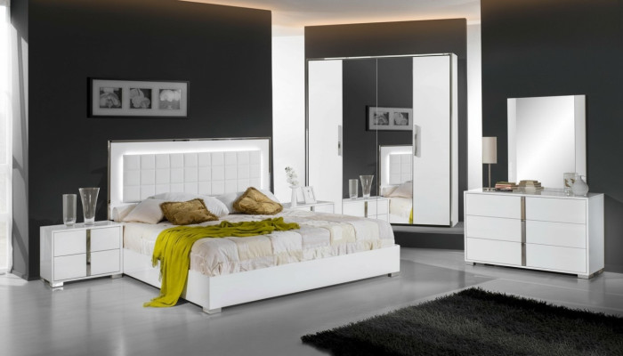 Conjunto de muebles de dormitorio con cama, mesita de noche, armario, cómoda y espejo, 6 piezas nuevo