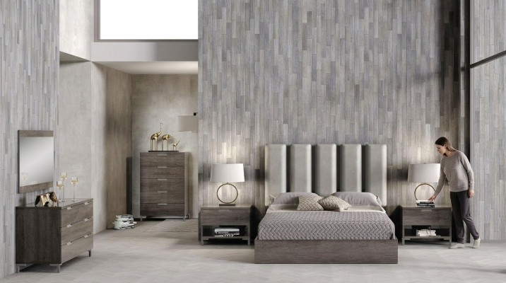 Juego de dormitorio matrimonial con mesita de noche, cómoda, espejo y cama tapizada de 6 piezas