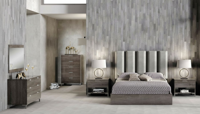 Juego de dormitorio matrimonial con mesita de noche, cómoda, espejo y cama tapizada de 6 piezas