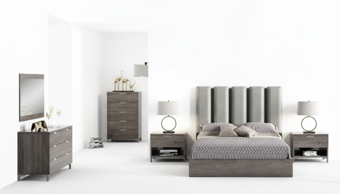 Juego de dormitorio matrimonial con mesita de noche, cómoda, espejo y cama tapizada de 6 piezas