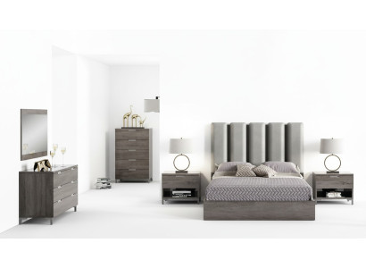 Juego de dormitorio matrimonial con mesita de noche, cómoda, espejo y cama tapizada de 6 piezas