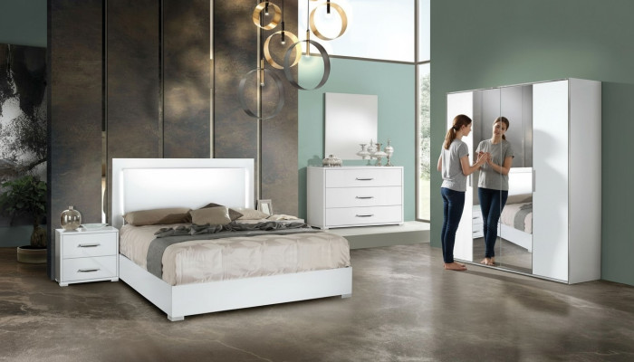 Juego moderno de cama, mesita de noche, armario, cómoda y espejo blanco 6 piezas