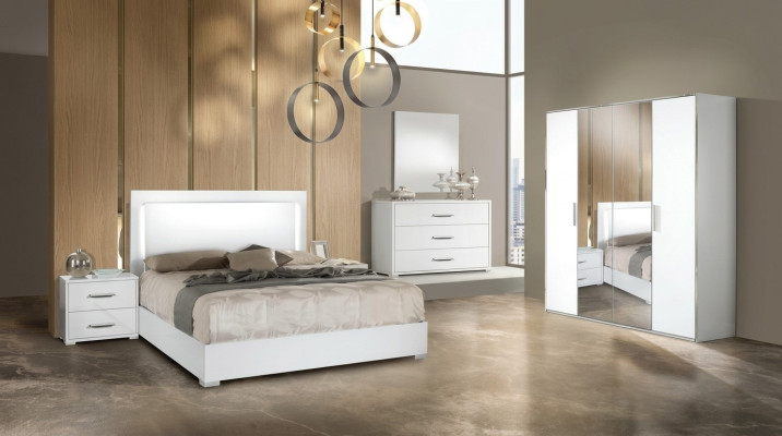Juego moderno de cama, mesita de noche, armario, cómoda y espejo blanco 6 piezas