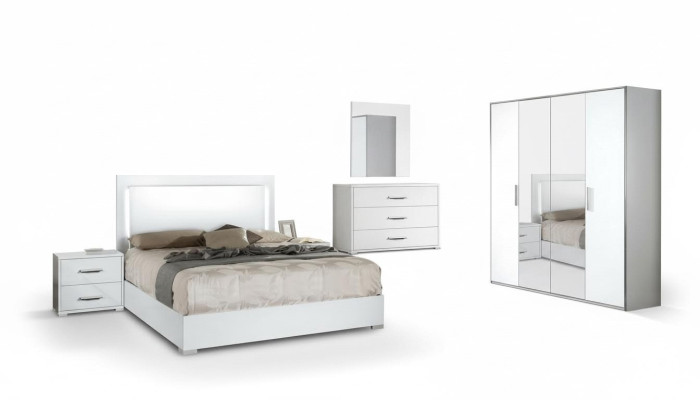 Juego moderno de cama, mesita de noche, armario, cómoda y espejo blanco 6 piezas