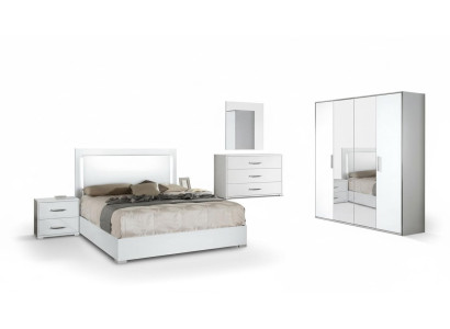Juego moderno de cama, mesita de noche, armario, cómoda y espejo blanco 6 piezas
