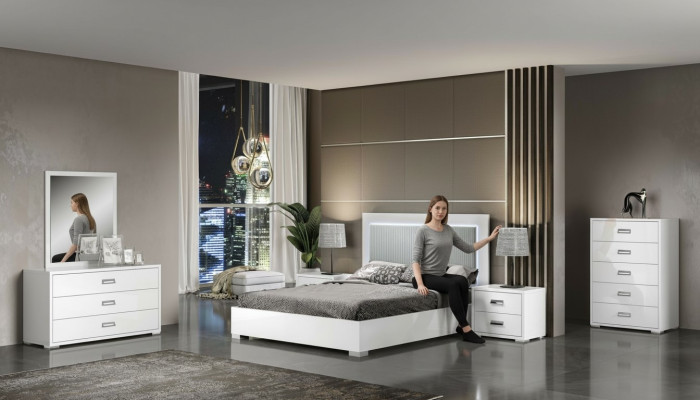 Conjunto de muebles de dormitorio con cama, mesita de noche, cómoda y espejo 6 piezas de madera blanca