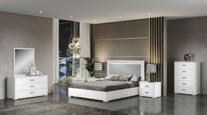 Conjunto de muebles de dormitorio con cama, mesita de noche, cómoda y espejo 6 piezas de madera blanca