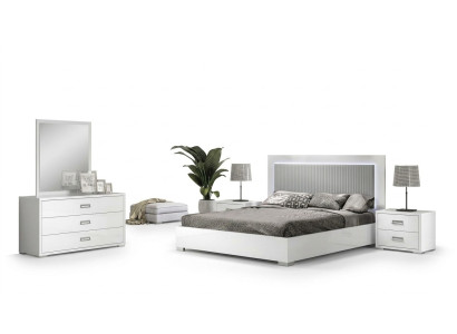 Conjunto de muebles de dormitorio con cama, mesita de noche, cómoda y espejo 6 piezas de madera blanca