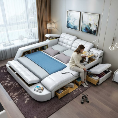 Cama doble estanterías de cuero acolchado camas multifunción con función de masaje Nuevo