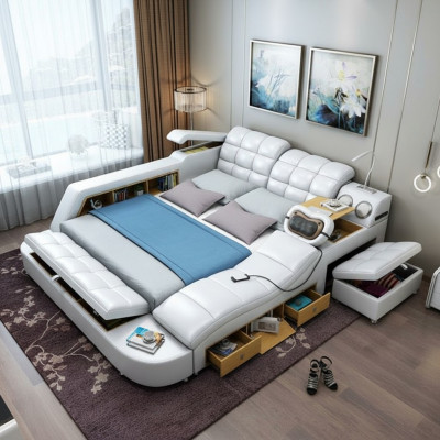 Cama doble estanterías de cuero acolchado camas multifunción con función de masaje Nuevo