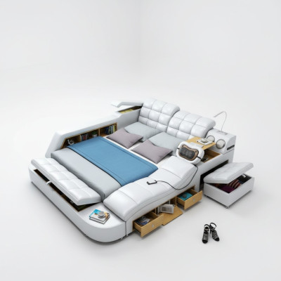 Cama doble estanterías de cuero acolchado camas multifunción con función de masaje Nuevo