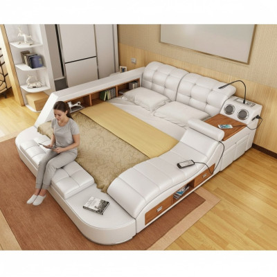 Cama doble de lujo de cuero + cama tapizada USB Multifuncional para hoteles modernos