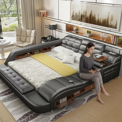 Cama doble con estantes de cuero acolchado. Camas multifunción con nueva función de masaje.