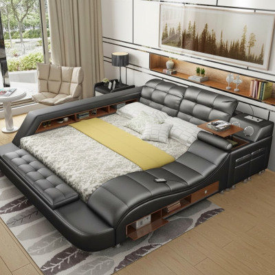Cama doble con estantes de cuero acolchado. Camas multifunción con nueva función de masaje.