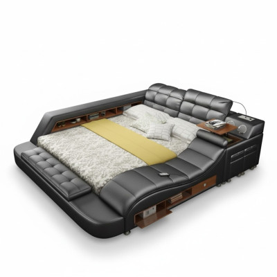 Cama doble con estantes de cuero acolchado. Camas multifunción con nueva función de masaje.
