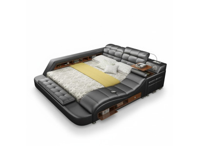 Cama doble con estantes de cuero acolchado. Camas multifunción con nueva función de masaje.