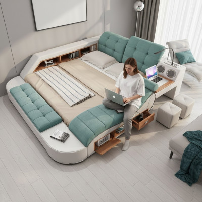 Cama doble de cuero tapizada con función de masaje multifuncional nueva.