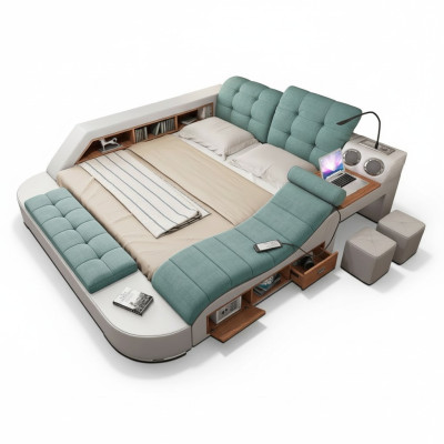 Cama doble de cuero tapizada con función de masaje multifuncional nueva.