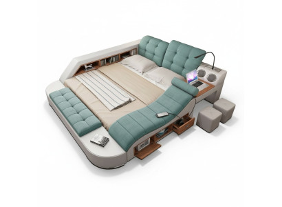 Cama doble de cuero tapizada con función de masaje multifuncional nueva.