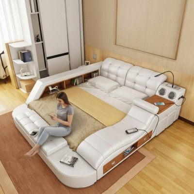 Cama multifunción con estante, armario, estación de carga USB, cama doble de cuero.