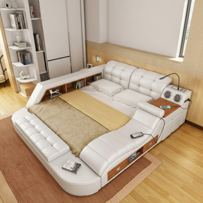 Cama multifunción con estante, armario, estación de carga USB, cama doble de cuero.