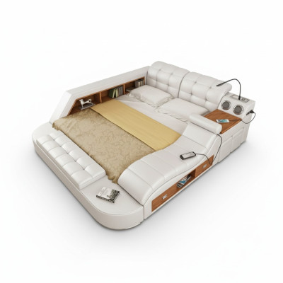Cama multifunción con estante, armario, estación de carga USB, cama doble de cuero.