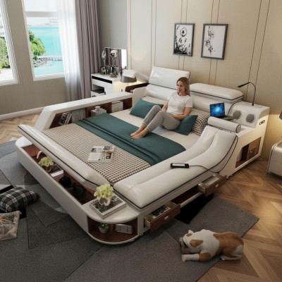 Camas de hotel de 180x200 cm con estante multifunción y diseño USB. Cama de diseño xxl grande de cuero.