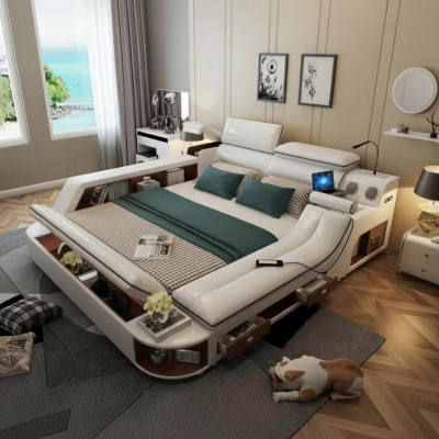 Camas de hotel de 180x200 cm con estante multifunción y diseño USB. Cama de diseño xxl grande de cuero.