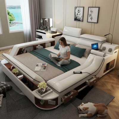 Cama de lujo multifuncional de 180x200, cama de cuero para dormitorio.