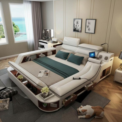 Cama de lujo multifuncional de 180x200, cama de cuero para dormitorio.