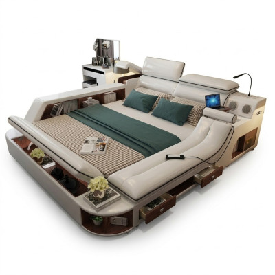 Cama de lujo multifuncional de 180x200, cama de cuero para dormitorio.