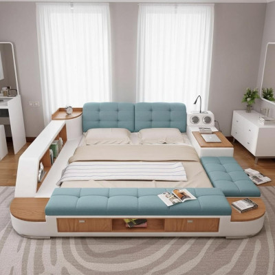 Camas acolchadas modernas de hotel multifuncionales de lujo doble de diseño de cuero nuevo.