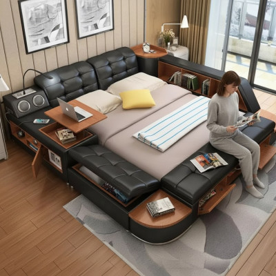 Camas Modernas Hotel Multifunción Cama Doble de Lujo Diseño de Cuero