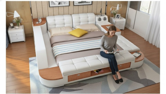 Cama multifuncional de dormitorio con estantes, cama de lujo de cuero 180x200.