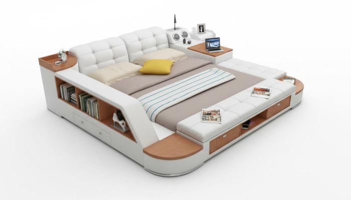Cama multifuncional de dormitorio con estantes, cama de lujo de cuero 180x200.