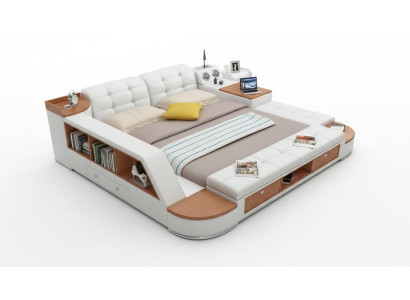 Cama multifuncional de dormitorio con estantes, cama de lujo de cuero 180x200.