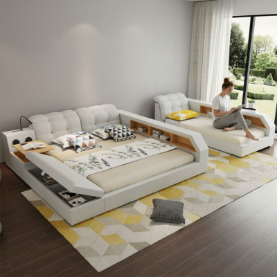 Diseño de camas de cuero para hotel con doble estante de 180x200 multifuncional.