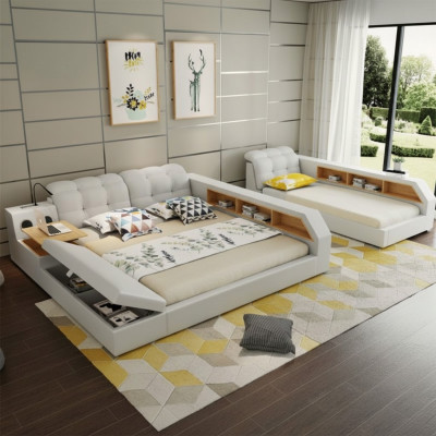 Diseño de camas de cuero para hotel con doble estante de 180x200 multifuncional.