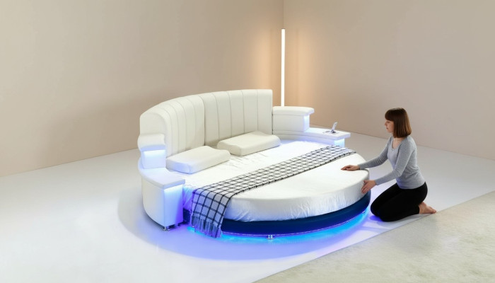 Ronda cama muebles camas tapizadas dormitorio muebles cama de cuero LED