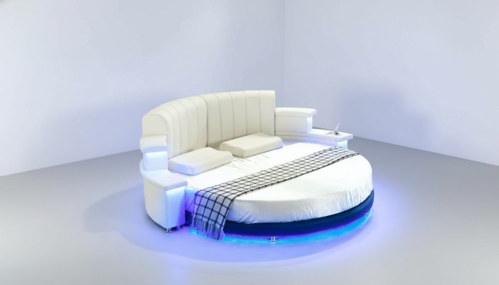 Ronda cama muebles camas tapizadas dormitorio muebles cama de cuero LED