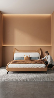 Moderno Hotel Cama Doble de Cuero Tela 160x200cm Cama de Diseño Doble