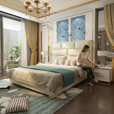 Diseñador cama doble cama dormitorio camas cuero hotel lujo tapizado