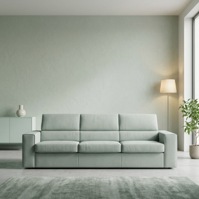 Sofá de diseño de lujo moderno de 3 plazas en textil verde claro con estructura de madera de alfitalia.