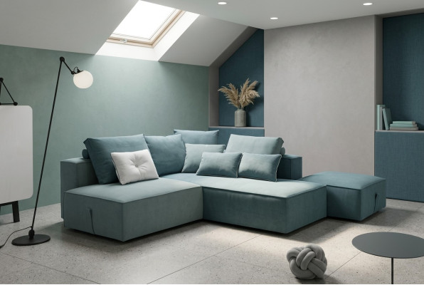 Sofá de diseñador con esquina de sofá acolchado con taburete, juego de forma L para el salón moderno de Alfitalia.