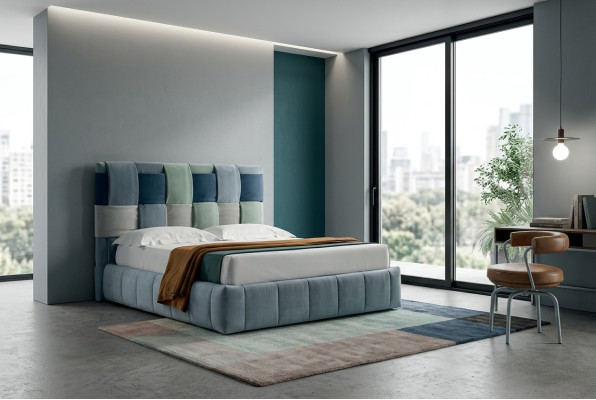 Modernas camas de lujo tapizadas en textil. Cama de dormitorio de alta calidad. Muebles italianos.
