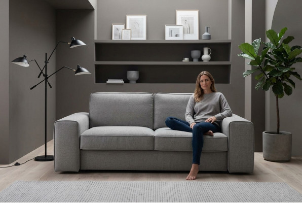 Sofá de diseño de tres plazas, patrón de tapicería, sofá moderno de tres plazas, muebles de sala, asiento gris.