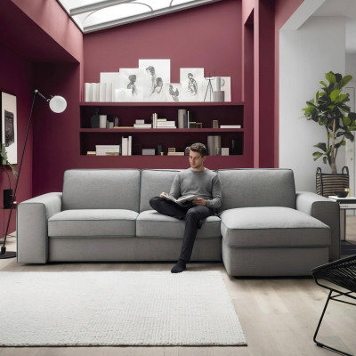 Esquina de lujo moderna Sofá en forma de L de textil y madera de diseño Alfitalia para sala de estar.