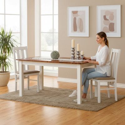 Mesa de madera para casa de campo, mesa de comedor extensible de madera, mesa de madera de 150/197 cm para la sala de estar.