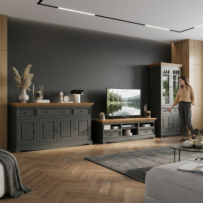 Mueble de pared de madera, cómoda + aparador de televisión RTV italiano estilo casa de campo 3 piezas conjunto nuevo.
