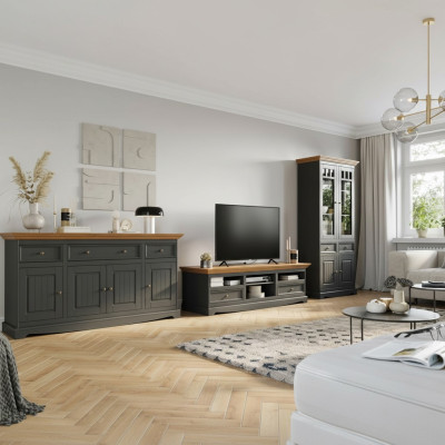 Mueble de pared de madera, cómoda + aparador de televisión RTV italiano estilo casa de campo 3 piezas conjunto nuevo.